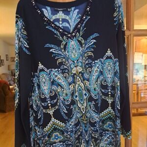 Susan Graver Navy and Teal Paisley Blouse